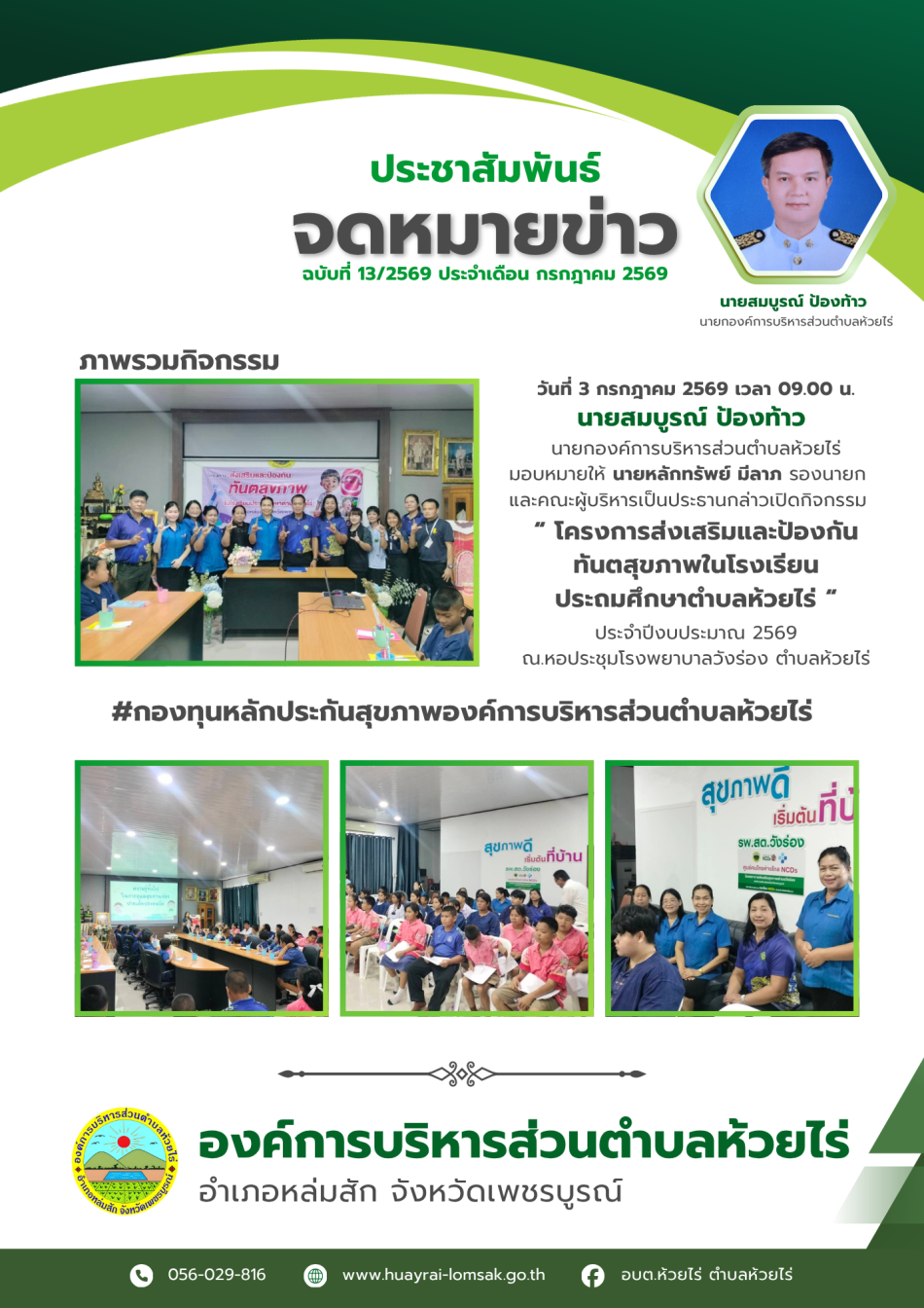 โครงการส่งเสริมป้องกันทันตสุขภาพในโรงเรียนประถมศึกษาตำบลห้วยไร่ อำเภอหล่มสัก จังหวัดเพชรบูรณ์ ประจำปีงบประมาณ  2569